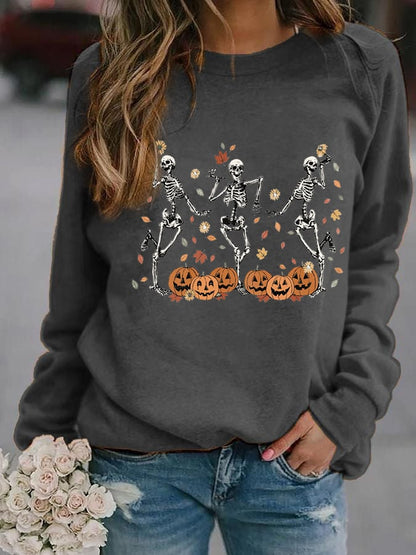 Women's  Dancing Skeleton Pumpkin Print Casual Sweatshirt