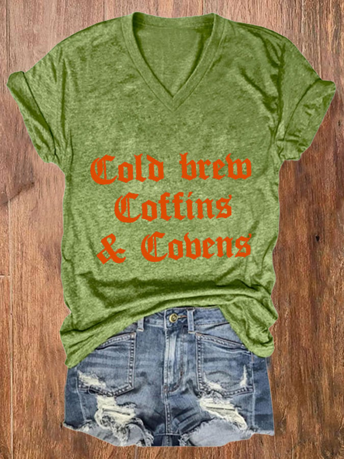 Women's Halloween  Cold Brew, Coffins & Covens  V-Neck Tee