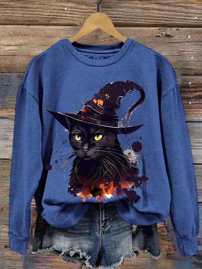 Women's  Halloween Witches Cat  Print Sweatshirt