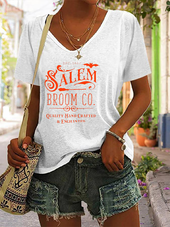 Women's Halloween Salem Broom Co Print Casual V-Neck Tee