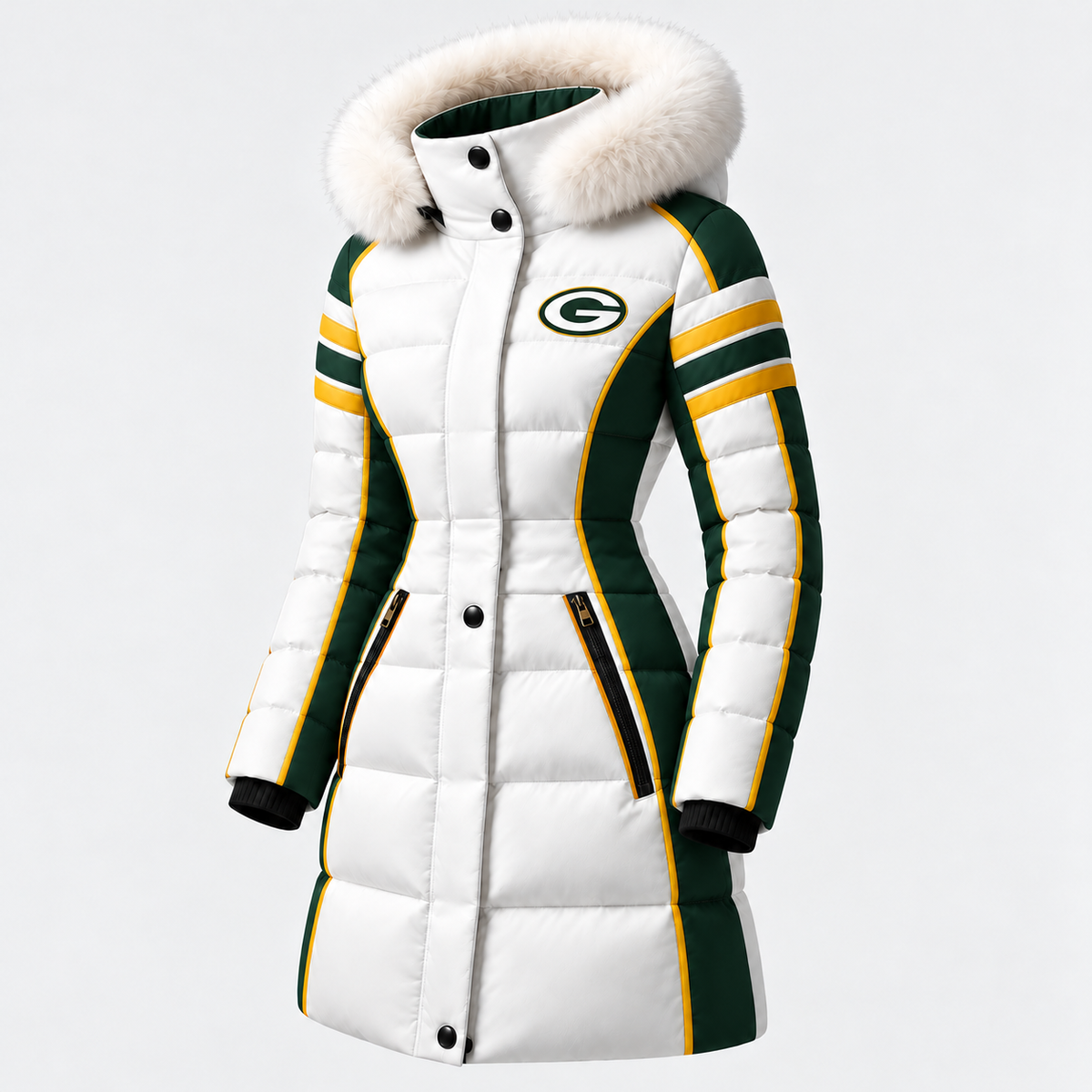 GREEN BAY PACKERS WOMEN'S FUR HOOD COLORBLOCK LONG PUFFER COAT
