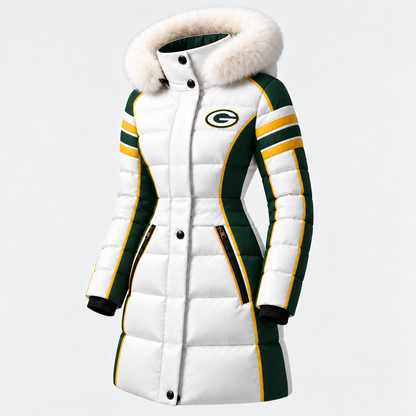GREEN BAY PACKERS WOMEN'S FUR HOOD COLORBLOCK LONG PUFFER COAT