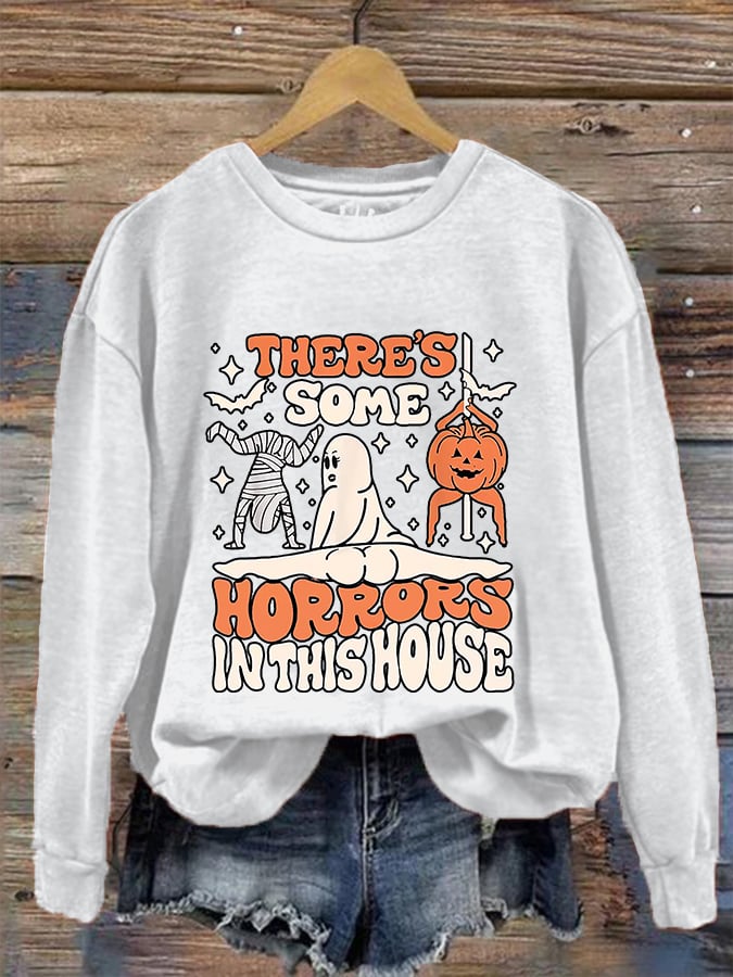 Women's Funny Halloween There's Some Horrors In This House Pumpkin Spooky Mummy Sweatshirt