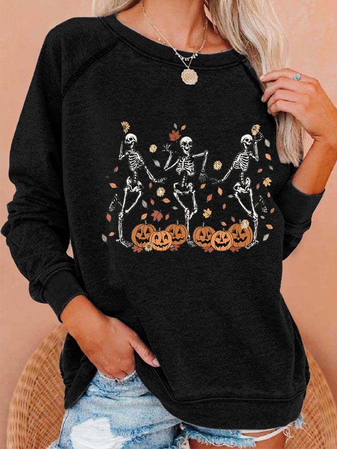 Women's Dancing Skeleton Pumpkin Print Casual Sweatshirt