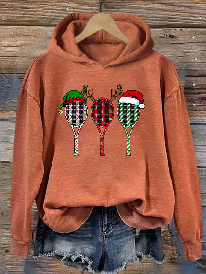 Women's Christmas Tennis Racket Print Casual Hooded Sweatshirt