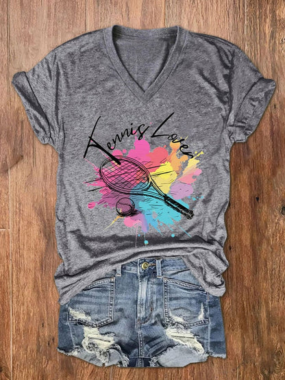 Women's Funny Tennis Tennis Lover Print V-Neck T-Shirt