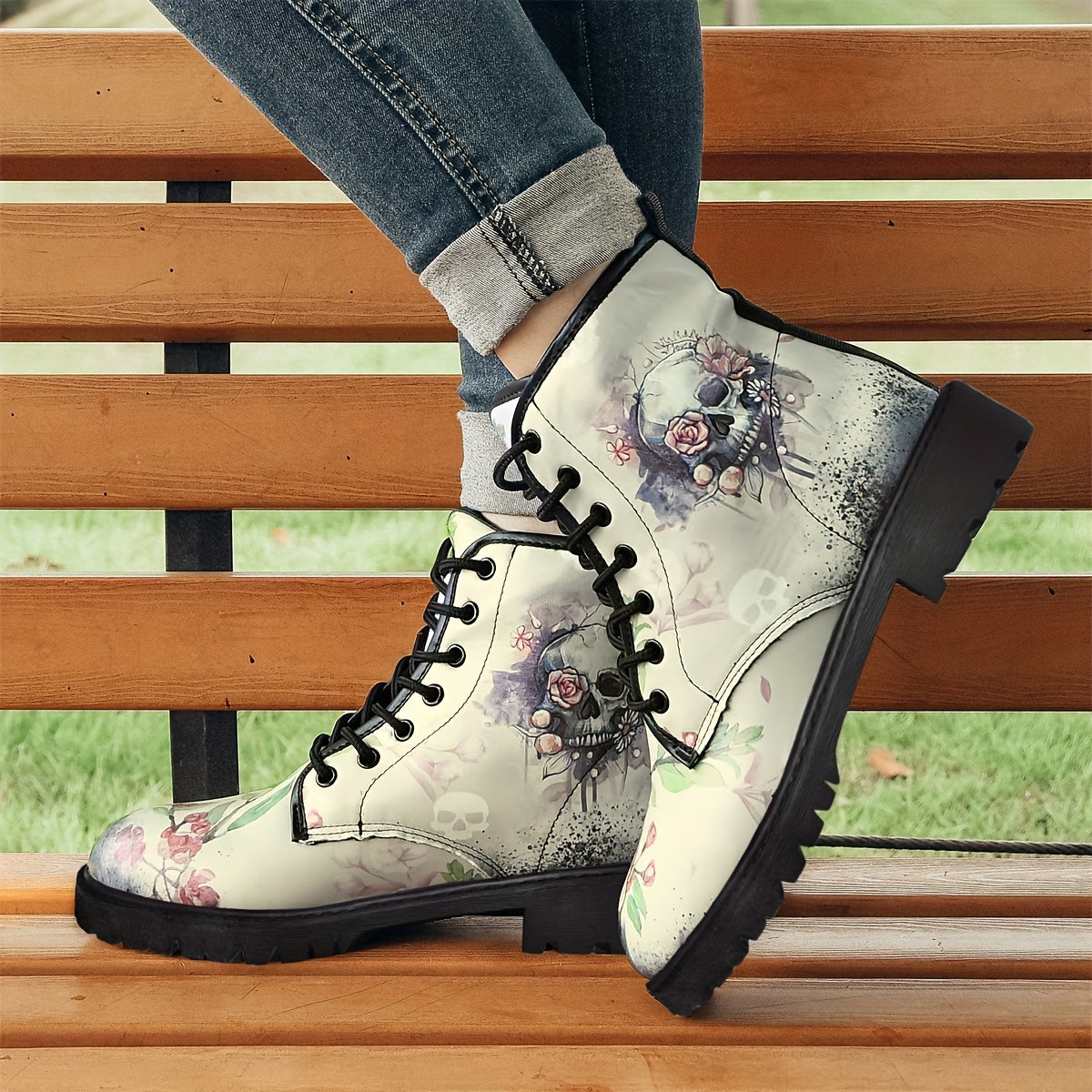Gothic Style Skull Floral Graphic Boots: Trendy Women's Ankle Combat Boots in Fashionable PU Leather