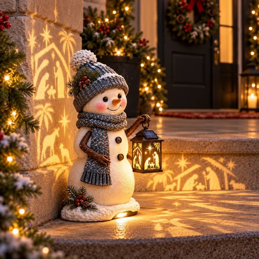 🔥HOT SALE🔥⛄ Last Day 49% Snowman Nativity GlowTM✨ – Solar Christmas Step Light with Holy Family Projection