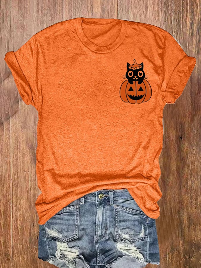 Women's Pumpkin Cat Halloween Printed Short Sleeve T-Shirt