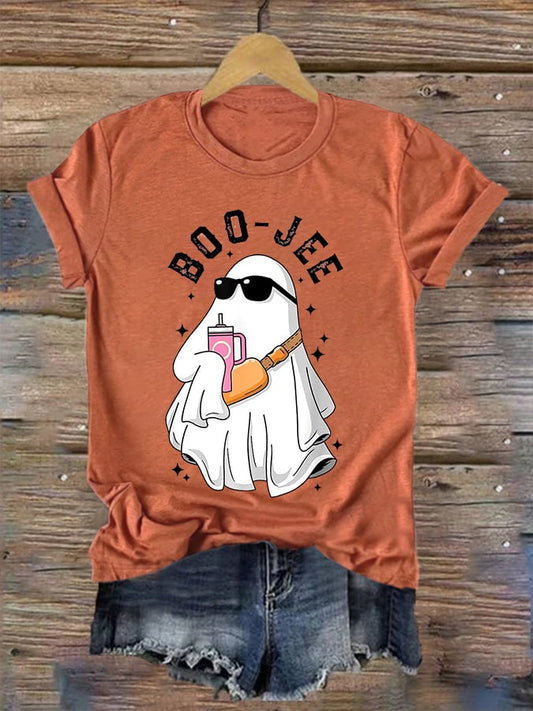 Women's Halloween Boo Jee Cute Ghost Print Casual Tee