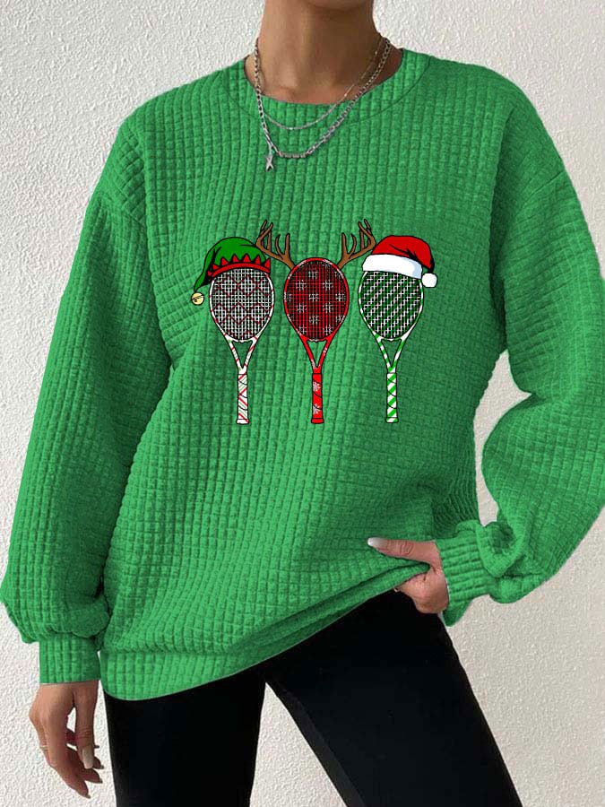 Women's Christmas Tennis Racket Print Waffle Sweatshirt