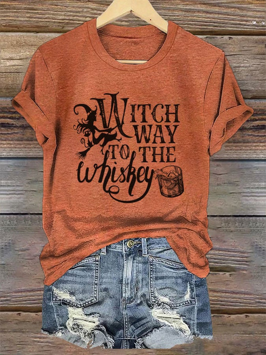 Women's Witch Way to The Whiskey Halloween Printed T-Shirt