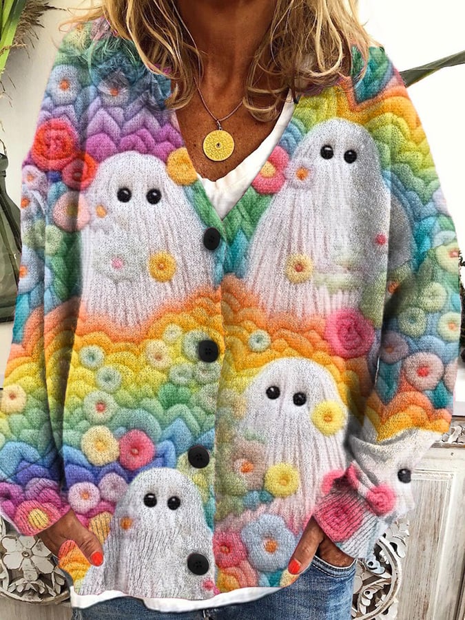 Women's Rainbow Ghost Halloween Knitted Jacket