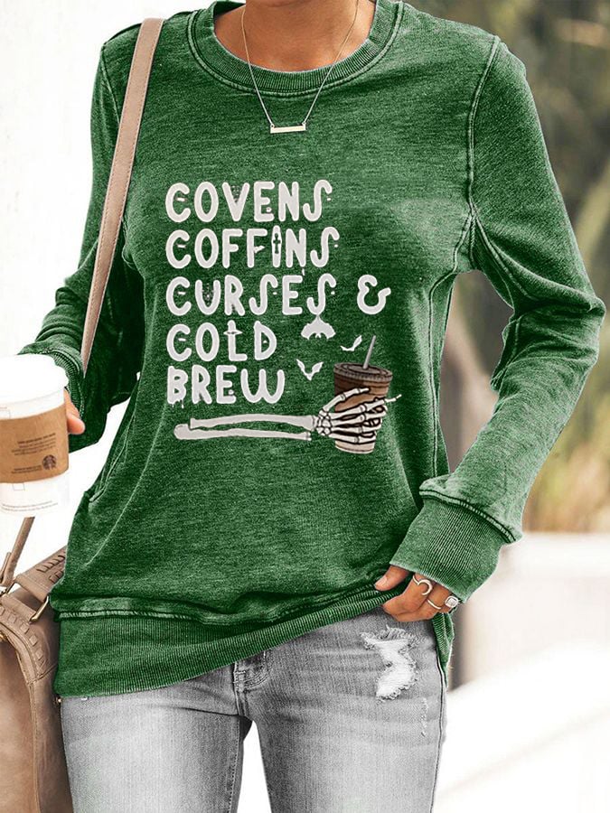 Women's Vintage Halloween Covens Coffins Coffee Cold Brew  Printed Sweatshirt