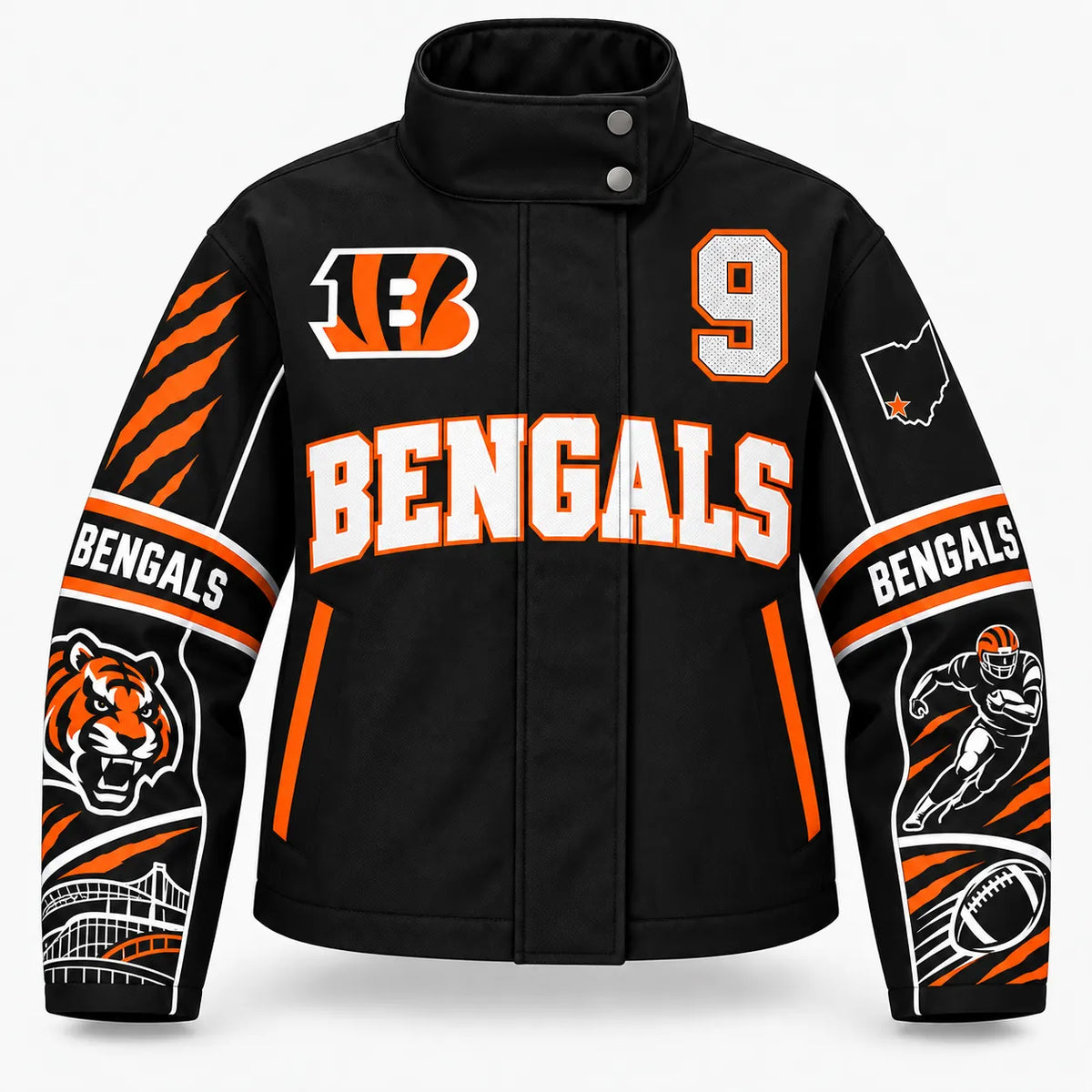 CINCINNATI BENGALS TEAM LOGO FOOTBALL GRAPHIC STAND COLLAR JACKET