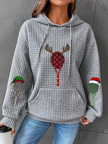 Women's Christmas Tennis Racket Print Waffle Hooded Sweatshirt