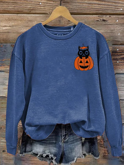 Women's Pumpkin Cat Halloween Print Casual Sweater