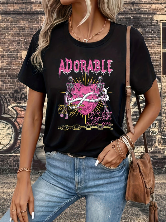 Slay with Style: Skull Heart Print T-Shirt - A Casual and Chic Addition to Women's Clothing