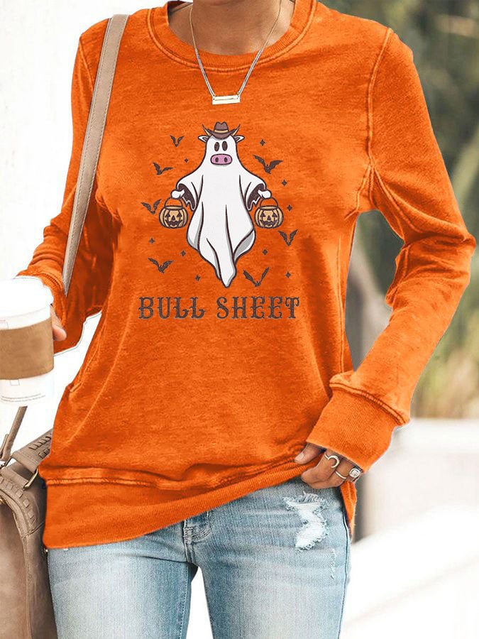 Women's Halloween Bull Sheet Funny Ghost Cows Print Sweatshirt