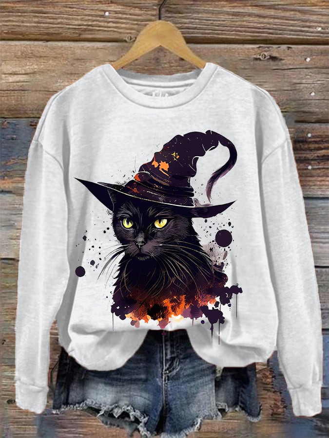 Women's  Halloween Witches Cat  Print Sweatshirt