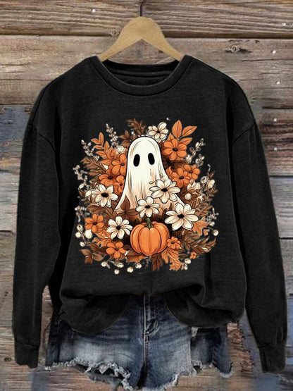 Women's Halloween Ghost Print Long Sleeve Sweatshirt