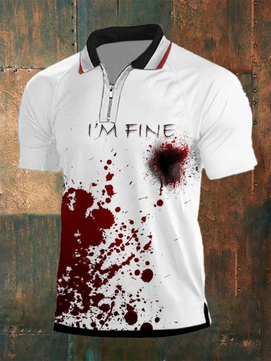 Men's Bloodstain I'm Fine Print Short Sleeve Raglan Zip Polo