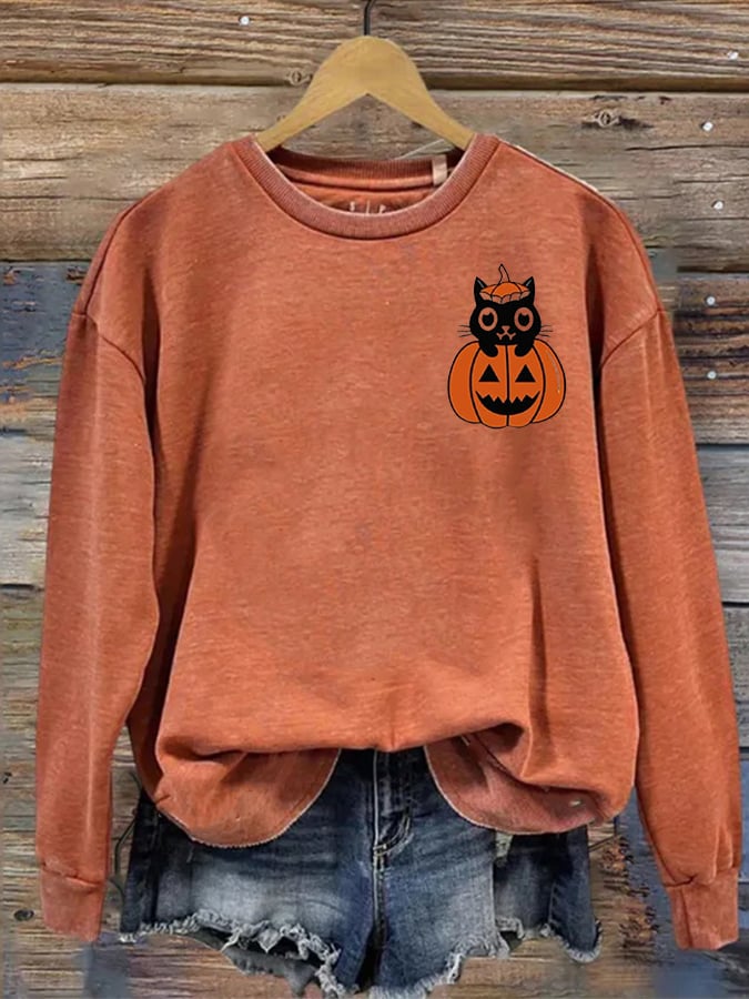 Women's Pumpkin Cat Halloween Print Casual Sweater