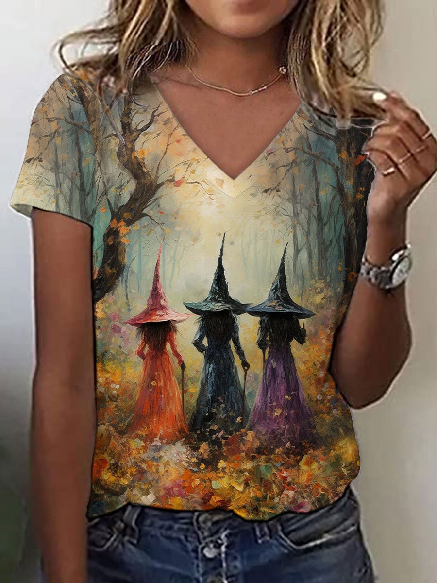 Women's Watercolor Oil Painting Witch Floral Print V-Neck T-Shirt