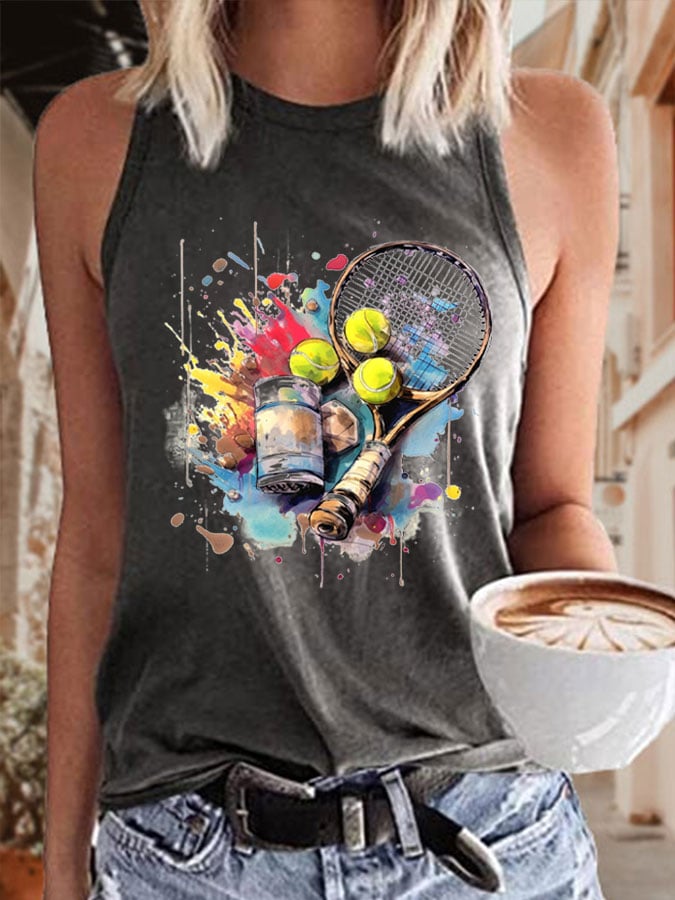 Women's Funny Tennis Print O-Neck Top
