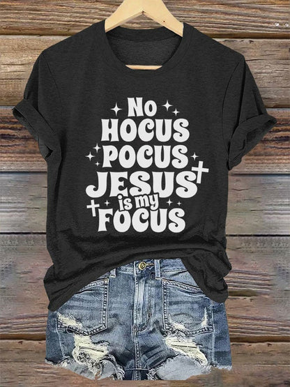 Women's Hocus Pocus Jesus Is My Focus Halloween Printed T-Shirt