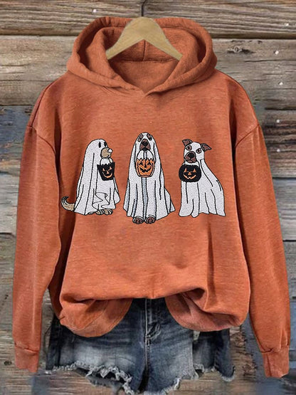 Women's Casual Embroidered Ghost Dogs Halloween Print Hoodie Long Sleeve Sweatshirt