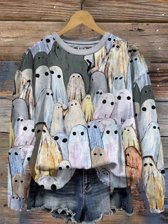 Women's Colorful Ghost Print Crew Neck Sweatshirt