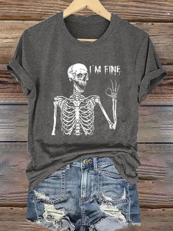 Women's Skull I'm Fine Halloween Print T-Shirt