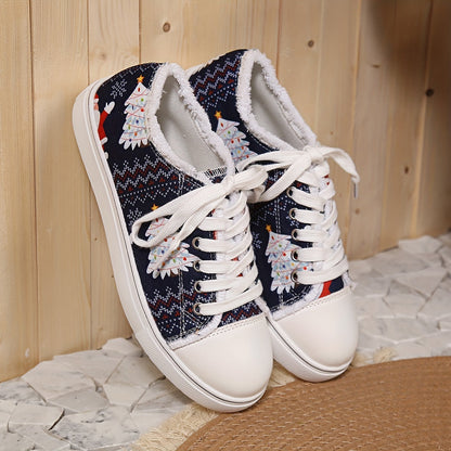 Stylish Women's Printed Canvas Shoes: Lightweight, Lace-Up Sneakers for Christmas and Halloween