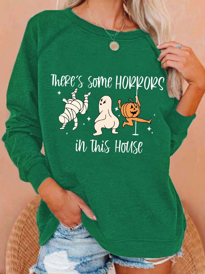 Women's Funny Halloween There's Some Horrors In This House Pumpkin Spooky Mummy Sweatshirt