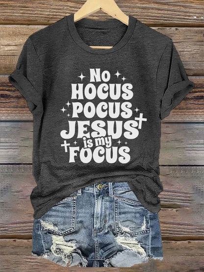 Women's Hocus Pocus Jesus Is My Focus Halloween Printed T-Shirt