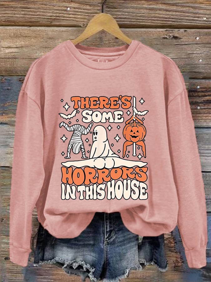 Women's Funny Halloween There's Some Horrors In This House Pumpkin Spooky Mummy Sweatshirt