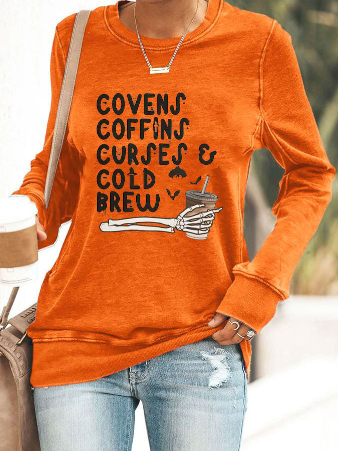 Women's Vintage Halloween Covens Coffins Coffee Cold Brew  Printed Sweatshirt