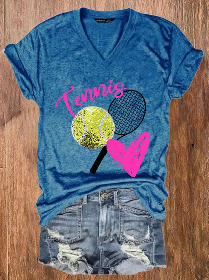 Women's Tennis Print Casual V-Neck Tee
