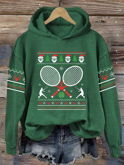 Women's Christmas Tennis Racket Print Casual Hooded Sweatshirt
