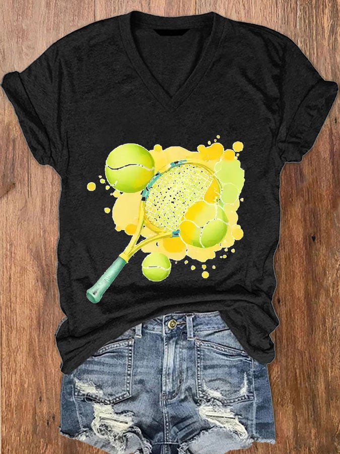 Women's Tennis Lover Watercolor V-Neck T-Shirt