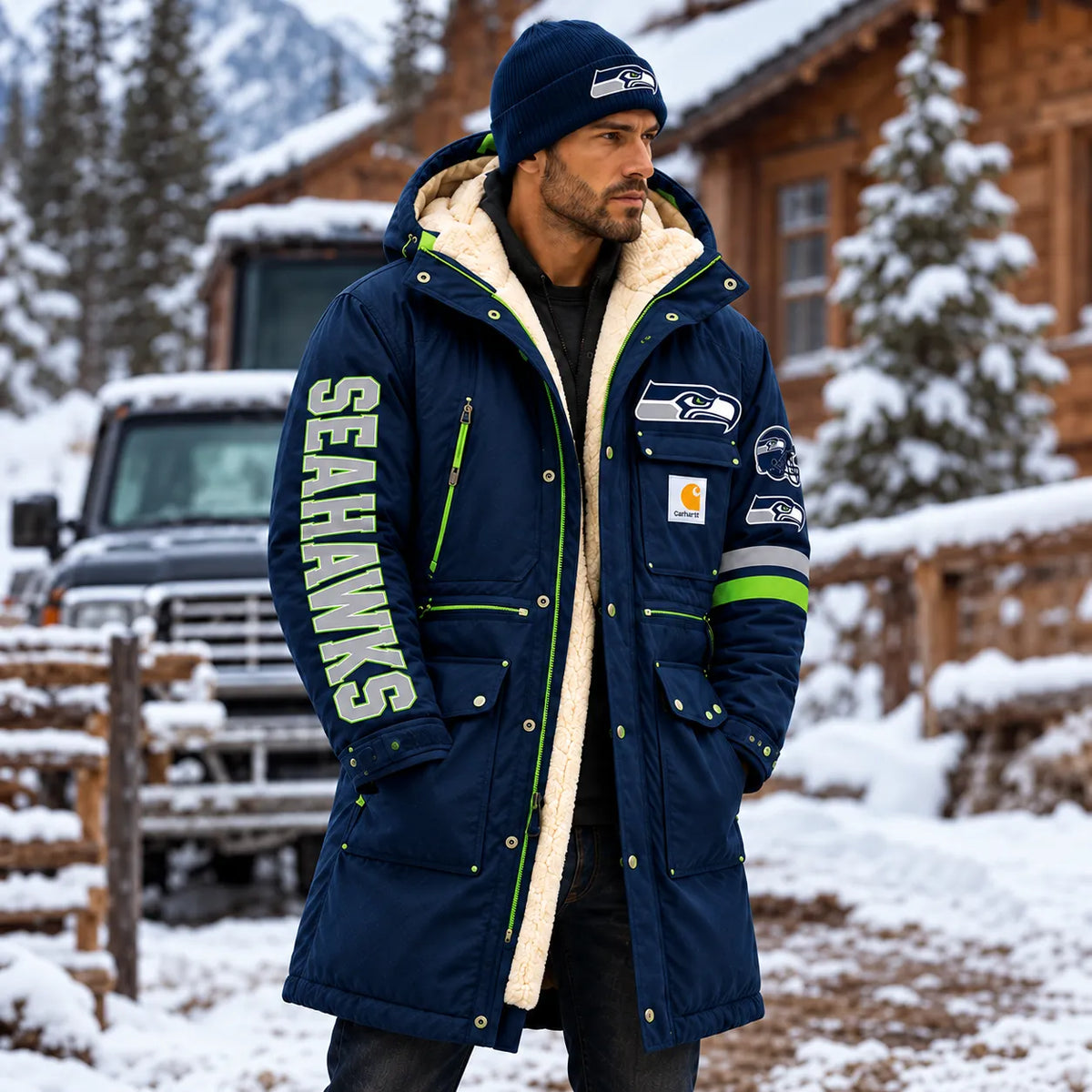 UNISEX SEATTLE SEAHAWKS NAVY BLUE WINTER SHERPA LINED HOODED PARKA JACKET