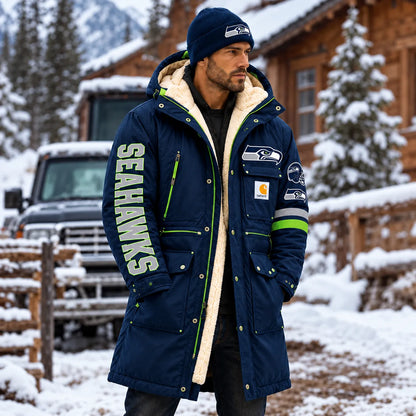 UNISEX SEATTLE SEAHAWKS NAVY BLUE WINTER SHERPA LINED HOODED PARKA JACKET