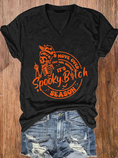 Women's Funny Halloween Spooky Bitch Season Move Over Hot Girl Summer  V-Neck Tee