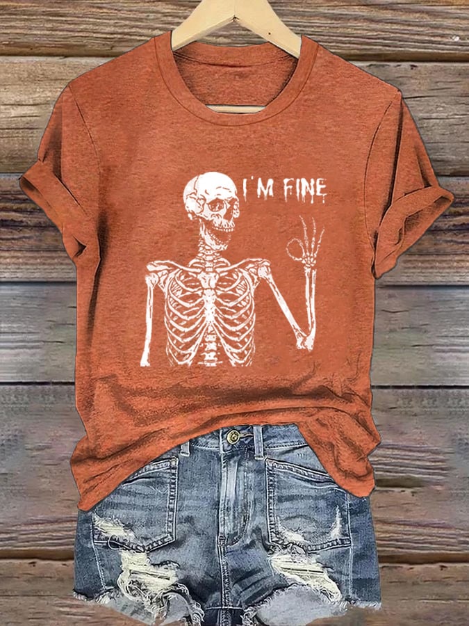 Women's Skull I'm Fine Halloween Print T-Shirt