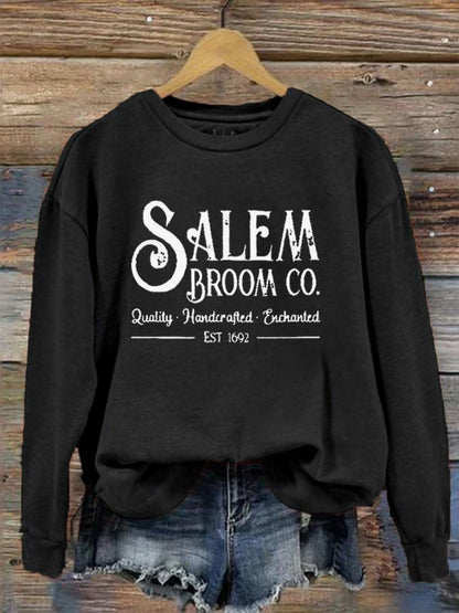 Women's Salem Broom Co Quality Handcrafted Enchanted Est 1692 Print Crew Neck Sweatshirt