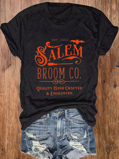 Women's Halloween Salem Broom Co Print O-Neck T-Shirt