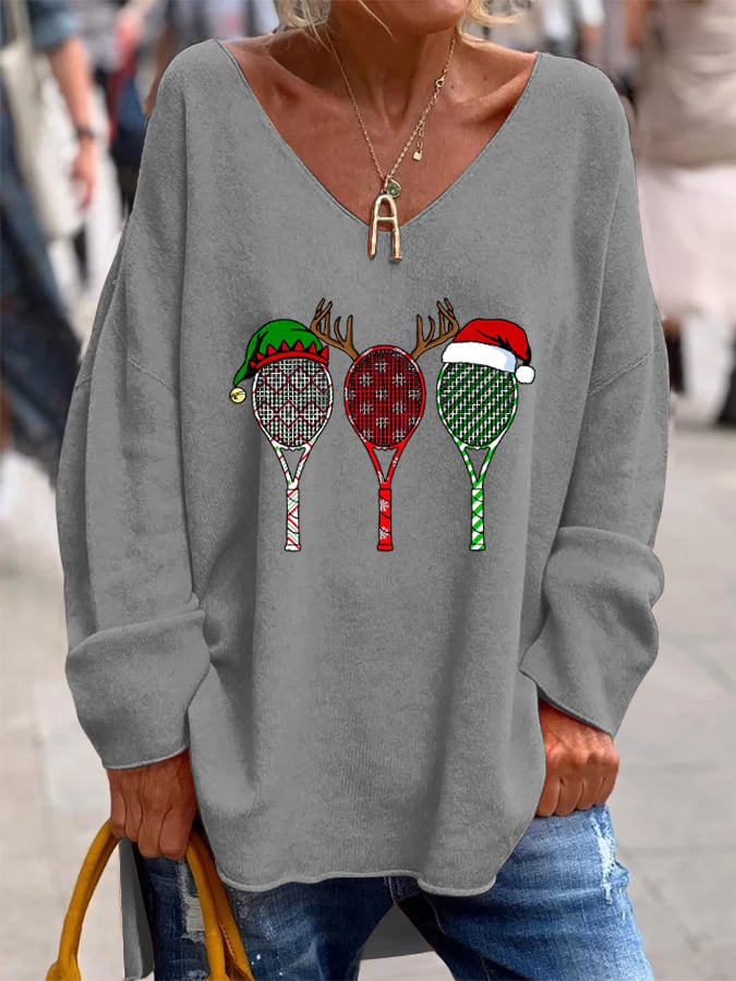 Women's Christmas Tennis Racket Printed French Cashmere V-Neck Top