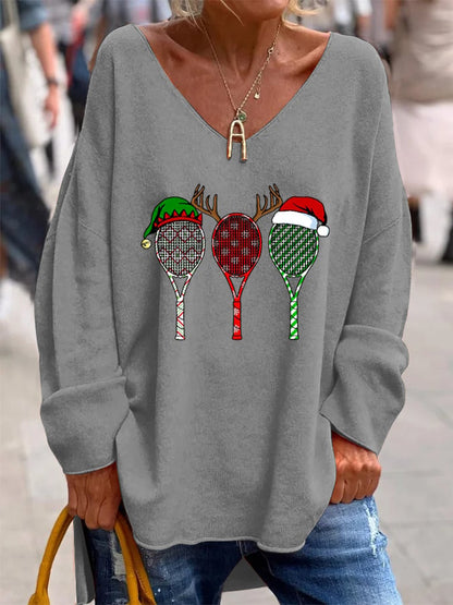 Women's Christmas Tennis Racket Printed French Cashmere V-Neck Top