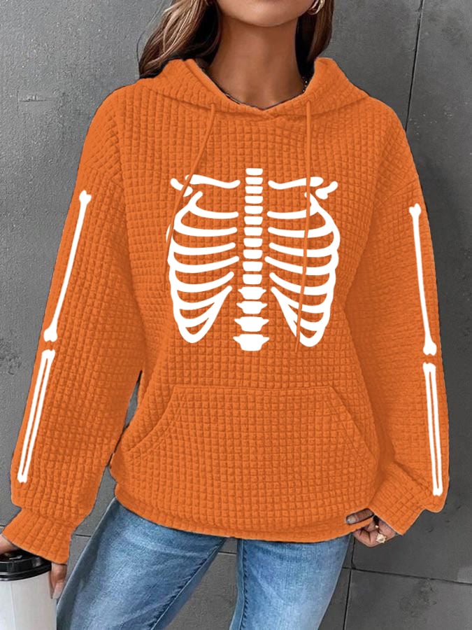 Women's Halloween Skeleton Bones Casual Waffle Hoodie